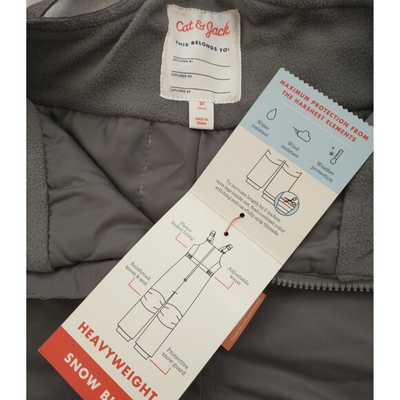 CAT & JACK Baby Toddler Snow Bibs Ski Pants Size 2T, Gray Insulated Adjustable - Picture 4 of 10